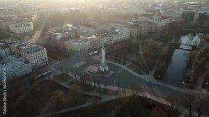 Aerial view of the freedom monument Milda with guards of honor, an important symbol of the freedom, independence, and sovereignty of Latvia in Riga.