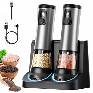 Electric Salt and Pepper Grinder Set – Automatic Rechargeable Pepper Mill with LED Battery Display & USB‑C Charging Base, 5‑Level Adjustable Stainless Steel Spice Mill for Kitchen, Dining & Camping