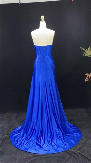 SH189 Elegant Royal Blue Strapless Satin Prom Dress with Slit