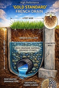 The is illustrates a cross-section (a slice view) of a French drain system installed next to a building's foundation. The purpose of this system is to collect surface water and groundwater and redirect it away from the building to prevent flooding or foundation damage. Key Structural Elements - Location: The drain is installed directly adjacent to a Concrete Wall, which represents the foundation of a house or building. - Dimensions: - Width: The trench is dug 4 feet wide. This wide surface area 