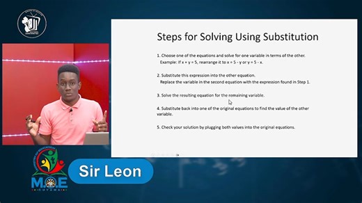 📐✨ Master the Substitution Method for solving simultaneous equations with our latest episode of the Math Intervention Program! Whether you're prepping for exams or just sharpening your skills, this episode is packed with tips and step-by-step guidance to make solving equations a breeze. 🧮✅ Don't miss out on this educational boost! Tune in now and take your math skills to the next level. 💡📖 #MathIntervention #SimultaneousEquations #SubstitutionMethod #GuyanaLearningChannel #GLC #LearnMath #Ed