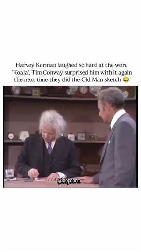 loopcorm.Kick on Instagram: "This Instagram reel features a 1977 clip from The Carol Burnett Show's "Oldest Man" sketch, where Tim Conway's ad-libbed line about a "koala" clock from Australia causes Harvey Korman to break character in fits of laughter, a deliberate repeat of a prior gag Conway used to unhinge his co-star. Conway and Korman's dynamic, honed over 11 seasons of the show, relied on unscripted moments like this; psychological studies on laughter contagion, such as those in the Journa