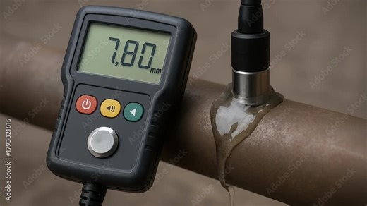 Ultrasonic thickness gauge pipe corrosion measurement inspection industrial manufacturing quality control accuracy mm measuring corroded metal pipe