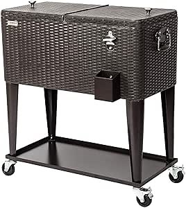 VINGLI 80 Quart Rolling Ice Chest, Portable Patio Party Bar Drink Cooler Cart, with Shelf, Beverage Pool with Bottle Opener (Brown)