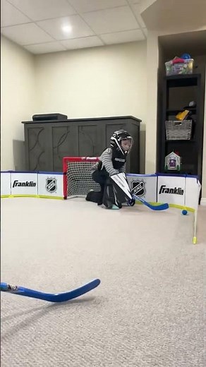 Mini stick knee hockey saves and top corner goal.