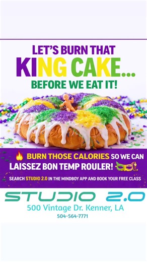 King Cake math: 🟣 Sweat first 🟡 Eat later 🟢 No guilt Join us at Studio 2.0 to burn it before you bite it 🔥 📲 Book on the Mindbody app Search Studio 2.0 | Drop-ins available ZUMBA • STRENGTH TRAINING • STEP • FULL BODY WORKOUT And let’s not ignore the blessing… @flavorssnoballs is literally next door 👑🍰… and they sell King Cakes 👀 Laissez les bons temps rouler! #kenner #fitness #mardigras