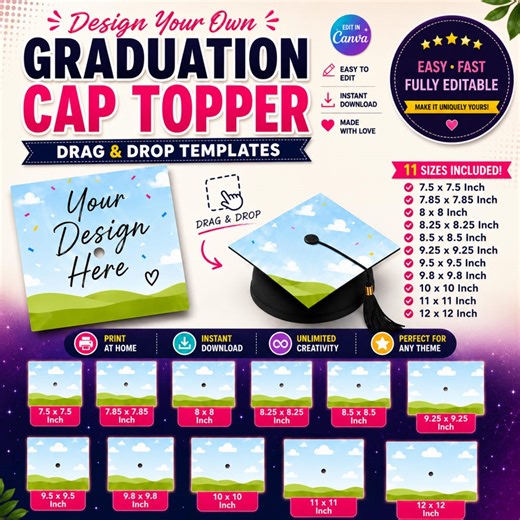 Editable Graduation Cap Topper Template Canva | Class of 2026 Grad Cap PNG SVG Pdf | DIY Sublimation Graduation Hat Design - Etsy