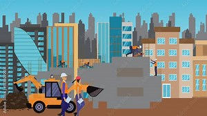 Construction site area, working on the edge of town with engineers and building machines animation