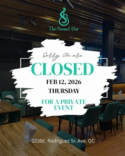 The Sound Bar PH on Instagram: "The Sound Bar is exclusively reserved today for a private celebration. See you tomorrow for your regular dose of live music and good vibes. ✨ For inquiries or private events: 📞 09178920481 📩 inquiries@thesoundbarph.com 📍 1216 E. Rodriguez Sr. Avenue Quezon City 🧭 THE SOUND BAR"