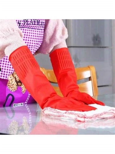 Red Waterproof Rubber Cleaning Gloves, Long Latex Gloves For Dishwashing And Kitchen Use | SHEIN