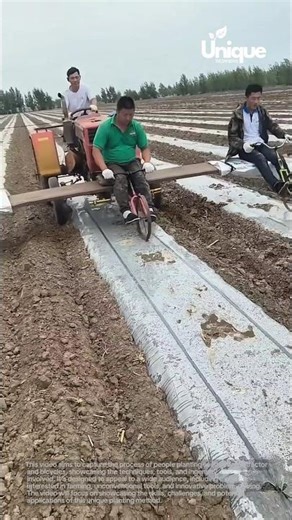 Planting seeds with tractor and bicycles: people planting seeds with machine