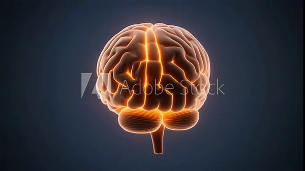 A high-quality 3D animation of a human brain rotating slowly, revealing detailed anatomy and glowing neural pathways.