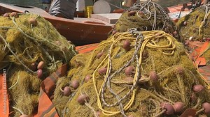 4K Fishing Net Boat in Port, Traditional Net for Catching Fish on Sea, Closeup