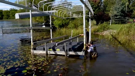 Float & Roll™ Boat Lift System The ideal system if your boat hoist needs to be floated long distances, floated into a slip, floated into deeper water, installed in muddy bottoms, or if you just want an easy way to get your lift in the water. You can even install and level your lift without getting wet or straining a muscle . . . #BoatLift #FLOE #Installationservices #SweaterWeather | Jack's Mullett Lake Marina