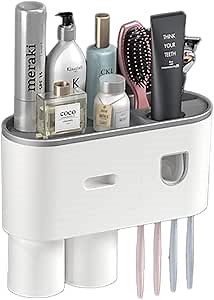 Wekity Wall-Mounted Toothbrush Holder, Multifunctional Automatic Toothpaste Dispenser Space Saving Family Toothbrush Organizer with Cups and Drawers Cosmetic Organizer (2 Cups)