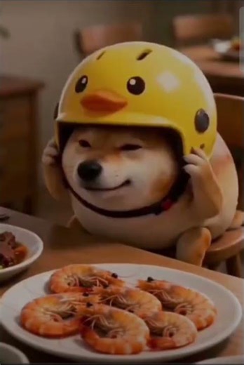Egg Dog eating shrimp with duck helmet