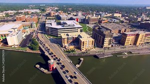 Scenic Downtown Green Bay Wisconsin Aerial Tour of Waterfront.