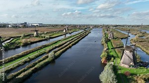 The Kinderdijk windmills are nineteen windmills in the northwest of the Alblasserwaard in the Dutch province of South Holland. Touristic attraction and Unesco World Heritage. Aerial