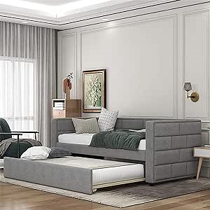 Harper & Bright Designs Daybed with Trundle Bed, Upholstered Twin Daybed Frame with Padded Back,Sofa Bed Wood DayBed Frame, No Box Spring Needed (Gray)