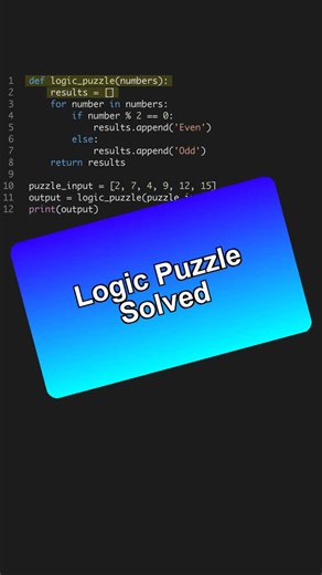 VornixLabs on Instagram: "Stop struggling with logic puzzles 🛑 Here is the cleaner way to handle it in Python. 💡 Learn how to classify numbers as odd or even efficiently. #pythondeveloper #codingtips #pythonprogramming #softwareengineering #logic_puzzle --- Get the Python for AI course + 6 projects at the link in bio. 🐍"