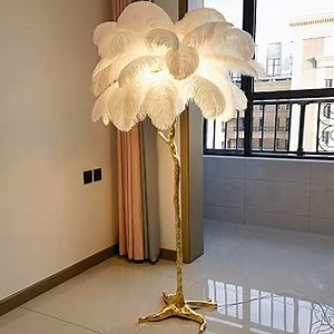 Natural Ostrich Feather Floor Lamp,Feather Lamps for Bedrooms and Living Room with Foot Switch Dimmable,Resin Feather Standing Lamp H:170cm (White)