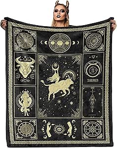 Taurus Zodiac Birthday Gifts for Women, Witch Goth Sherpa Blanket, Celestial Constellation Astrology Decor Witchy Bedding