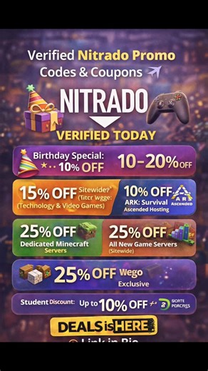 DealsisHere | Best Daily Deals on Instagram: "🎮🔥 Verified Nitrado Promo Codes & Coupons – Verified Today! 🔥🎮 Level up your gaming experience with the best Nitrado deals available right now! Whether you’re hosting Minecraft, ARK, or your favorite multiplayer games, these discounts help you save big. 🎉 Current Offers: ✔ Birthday Special: 10–20% OFF ✔ 15% OFF Sitewide (Technology & Video Games) ✔ 10% OFF ARK: Survival Ascended Hosting ✔ 25% OFF Dedicated Minecraft Servers ✔ 25% OFF All New Gam