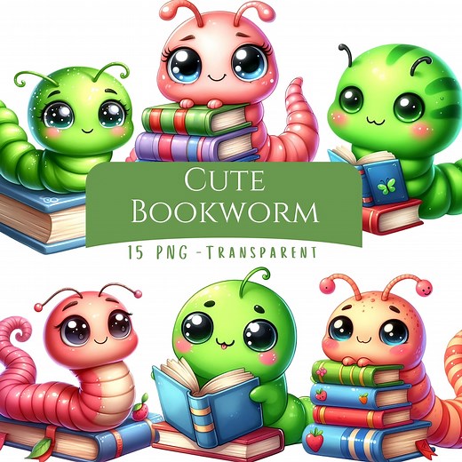 Cute Bookworm Clipart Bundle 15 PNG High Quality Cartoon Cute Nerd Book Lover Worm With Glasses Book Worm Digital Download Printable Art - Etsy