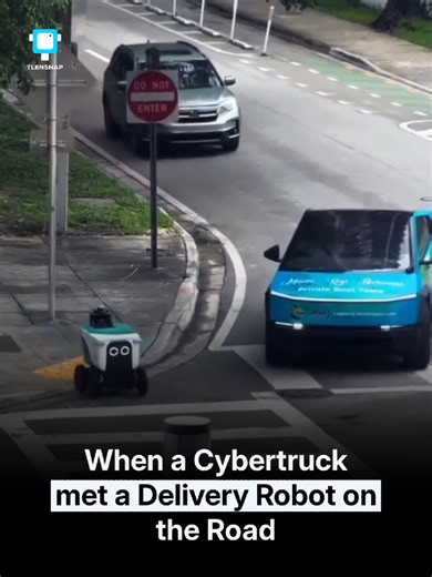 A Tesla Cybertruck encounters a small autonomous delivery robot on the road a fascinating meeting between two very different types of robotic technology. The moment highlights how autonomous vehicles and delivery robots are gradually becoming part of everyday environments. As this technology continues to evolve, encounters like this could become increasingly common on future streets. Source: X/TeslaCarsOnly #tesla #cybertruck #robotics #autonomousvehicles #futuretech