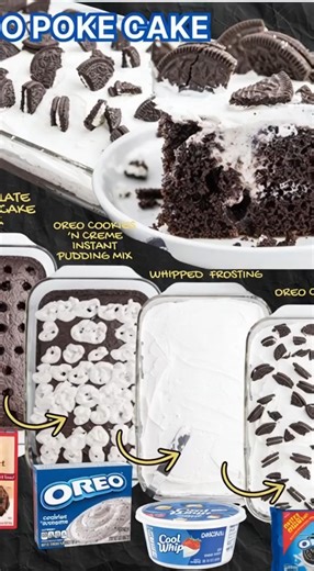 15.25 ounce box chocolate fudge cake mix prepared as directed on box 4.2 ounce Oreo cookies ‘n creme instant pudding mix 2¼ cups cold whole milk 14 ounce container whipped fluffy white frosting 10 Oreo cookies | Alexander Jai