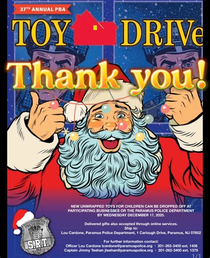 PBA Toy Drive is happening now through December 17th! New and unwrapped gifts can be dropped off at Paramus PD or delivered through online services! | Paramus Police Department