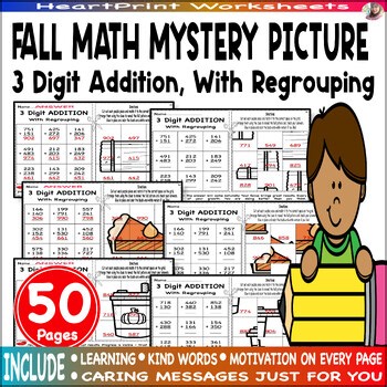 Fall math mystery picture, 3 digit  Addition with regrouping, Color, B&W Version