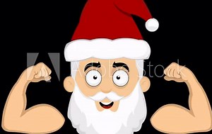 Loop animation of the face of a cartoon santa claus showing the biceps of his arms, on a transparent background