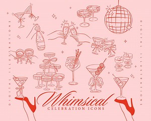 Celebration Icons SVG, Martini Cheers Toast, Cocktail Drink SVG, Disco Ball SVG, Wedding Party, Champagne Tower Clip Art - Etsy