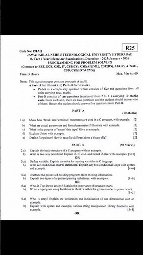 📄 JNTUH PPS R25 Question Paper Dec 2025 Jan 2026 | B.Tech 1-1 Programming for Problem Solving