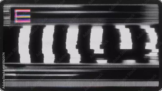 Distorted television screen with static and color bars, creating a glitch effect.