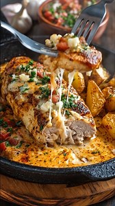 Pechuga de Pollo con Salsa de Queso y Patatas Asadas Ingredientes Para las patatas asadas 600 g de patatas en cubos o gajos 2 cdas de aceite de oliva RECETA COMPLETA EN EL PRIMER COMENTARIO👇👇 | Recetas Deliciosas