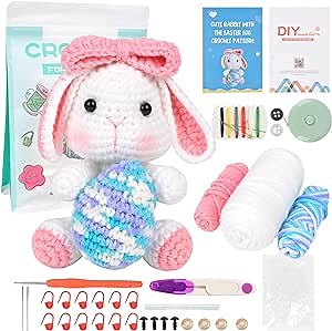 ChezMax Crochet Kit for Beginners, Easter Bunny Crochet Animal Kit with Yarn, Starter Kit with Step-by-Step Video Tutorials, Learn to Crochet Kits for Kids and Adults, DIY Knitting Craft Supplies Gift