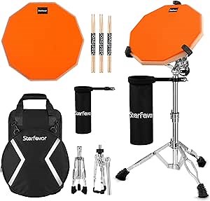 Starfavor Drum Practice Pad with Snare Drum Stand Set, 12-Inch Double Sided Silent Practice Pad with Drum Sticks, Drumstick Holder, Luminous Carrying Bag, Orange (Fits 8''-15'' Drums)