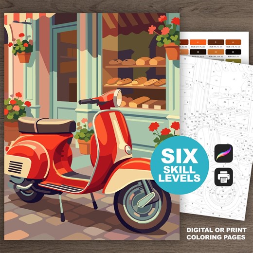 European Bakery & Red Scooter Paint by Number Adult Coloring Pages (6 Color Levels, Printable, Digital, Procreate) - Etsy