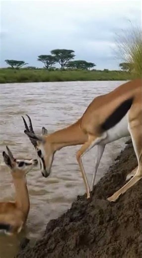 A Gazelle Mother Helps Her Calf Cross a Flooded River 🌊🦌 #wildlife #nature #africa