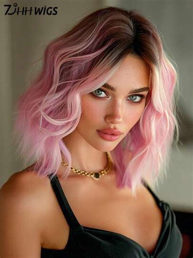 7JHH WIGS 14 Inch Short Wavy Ombre Pink Wigs For Women Shoulder Length Bob Curly Wavy Middle Part Wigs With Dark Roots, Natural Synthetic Heat-Resistant Fiber Hair For Daily Cosplay Party Use | SHEIN