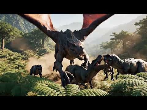 Firefly Low angle tracking shot, an Avatar Toruk dragon diving into a valley of green hills to atta