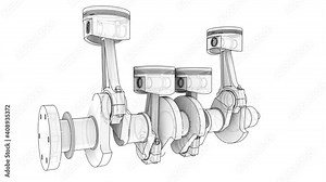 Animation of crankshaft and four pistons. Wire-frame or blueprint style