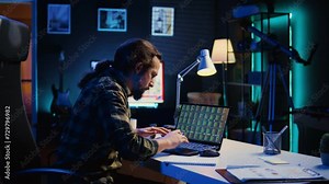 Annoyed broker investor in home office bothered by low stock exchange valuation, screaming after losing money. Angry man yelling and doing facepalm after seeing market shares plummeting, camera B