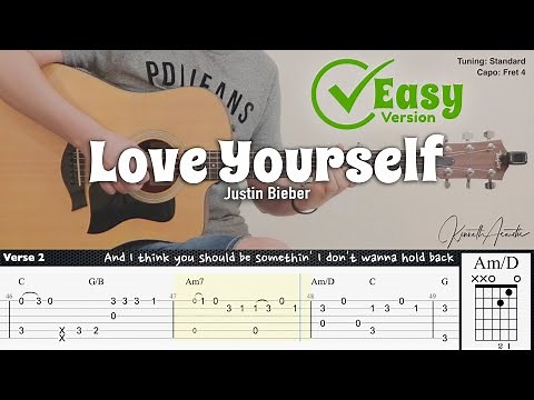 Love Yourself (Easy Version) - Justin Bieber | Fingerstyle Guitar | TAB + Chords + Lyrics