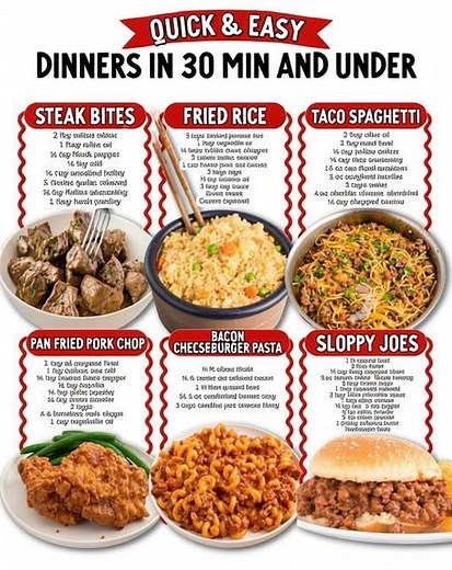 Short on time? ⏰ These quick & easy dinners come together in 30 minutes or less and they’re so satisfying! 🙌🍲 Ingredients 🟣 Steak Bites 2 pounds sirloin steak 1 tablespoons olive oil ½ teaspoon cracked black pepper ½ teaspoon salt ¼ cup unsalted butter 5 cloves garlic, minced ½ teaspoon Italian seasoning 1 tablespoon fresh parsley, finely chopped 🟣 Fried Rice 3 cups rice, cooked 1 tablespoon vegetable oil ¼ large Vidalia onion, chopped 2 cloves garlic, minced 1 cup peas and carrots, frozen 2