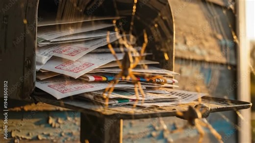 Close-up of a neglected, rusty mailbox overflowing with bills and spiderwebs, reflecting a cost of living crisis.