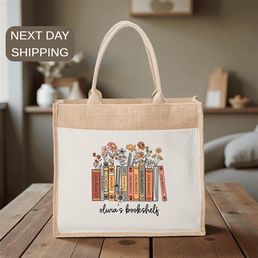 Personalized Bookish Tote Bag, Floral Bookshelf Gift Bag, Bibliophile Library Tote, Reading Lover Jute Bag, Custom Book Club Member Bag - Etsy