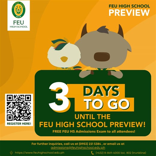 Calling all incoming Junior and Senior High School students! Only 3 days to go until the FEU High School Preview on January 31, 2026 at 7:00 AM! What’s waiting for you: • A glimpse into student life and exciting extracurriculars • Teaching demos and meet-and-greet with our passionate faculty • A guided campus tour of our state-of-the-art facilities • FREE FEU High School Admissions Exam for all attendees! Event Details Registration: 7:00 AM – 8:00 AM at the Nursing Building Lobby/Canteen (Ground